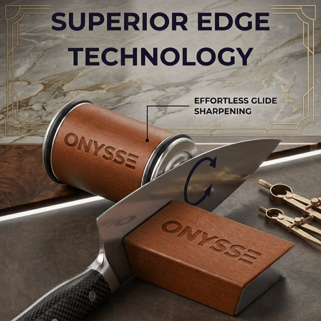 How to use the Onysse rolling sharpener: effortless rolling motion with constant angle for a factory-level razor edge.