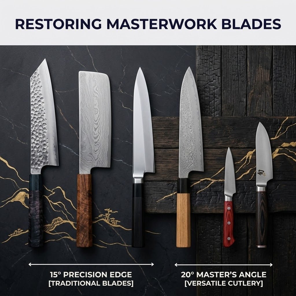 Onysse knife sharpening angle guide: 15° Precision Edge for traditional Japanese blades (Damascus) and 20° Master’s Angle for versatile kitchen cutlery.