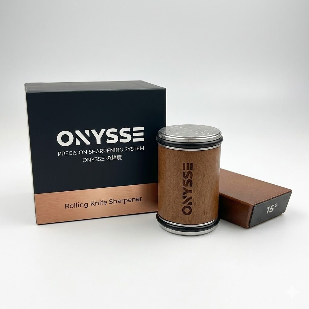 Onysse Diamond Rolling Knife Sharpener with magnetic angle support (15° and 20°) for professional kitchen knife sharpening.